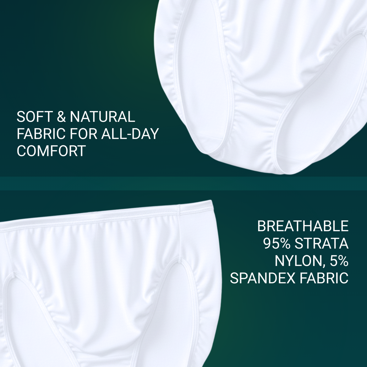 Vanity Fair Style 13108 Women's Illumination Hi Cut Panty showing soft breathable 95% Strata Nylon, 5% Spandex Fabric