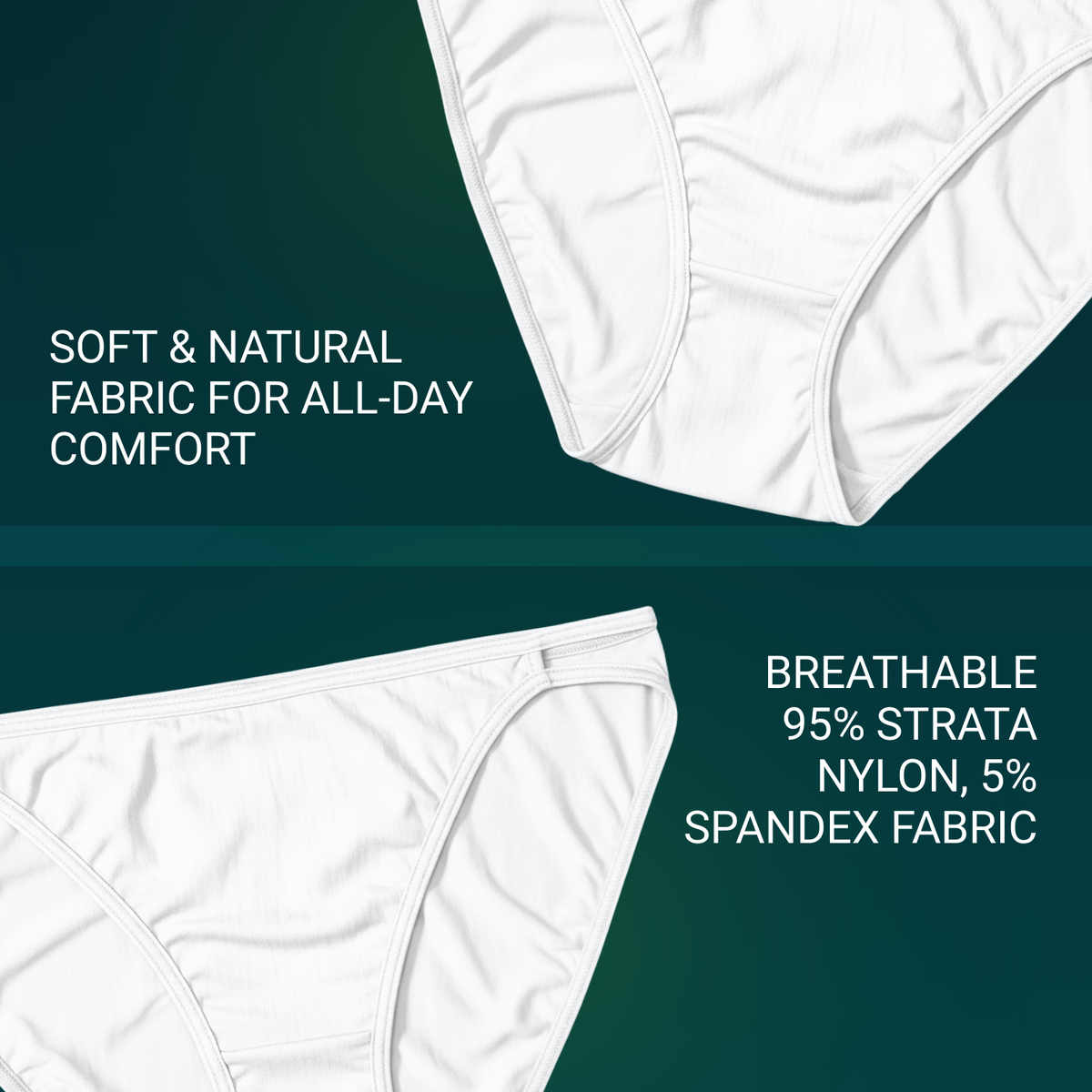 Vanity Fair Style 18108 Women's Illumination String Bikini Panty showing soft breathable 95% Strata Nylon, 5% Spandex Fabric