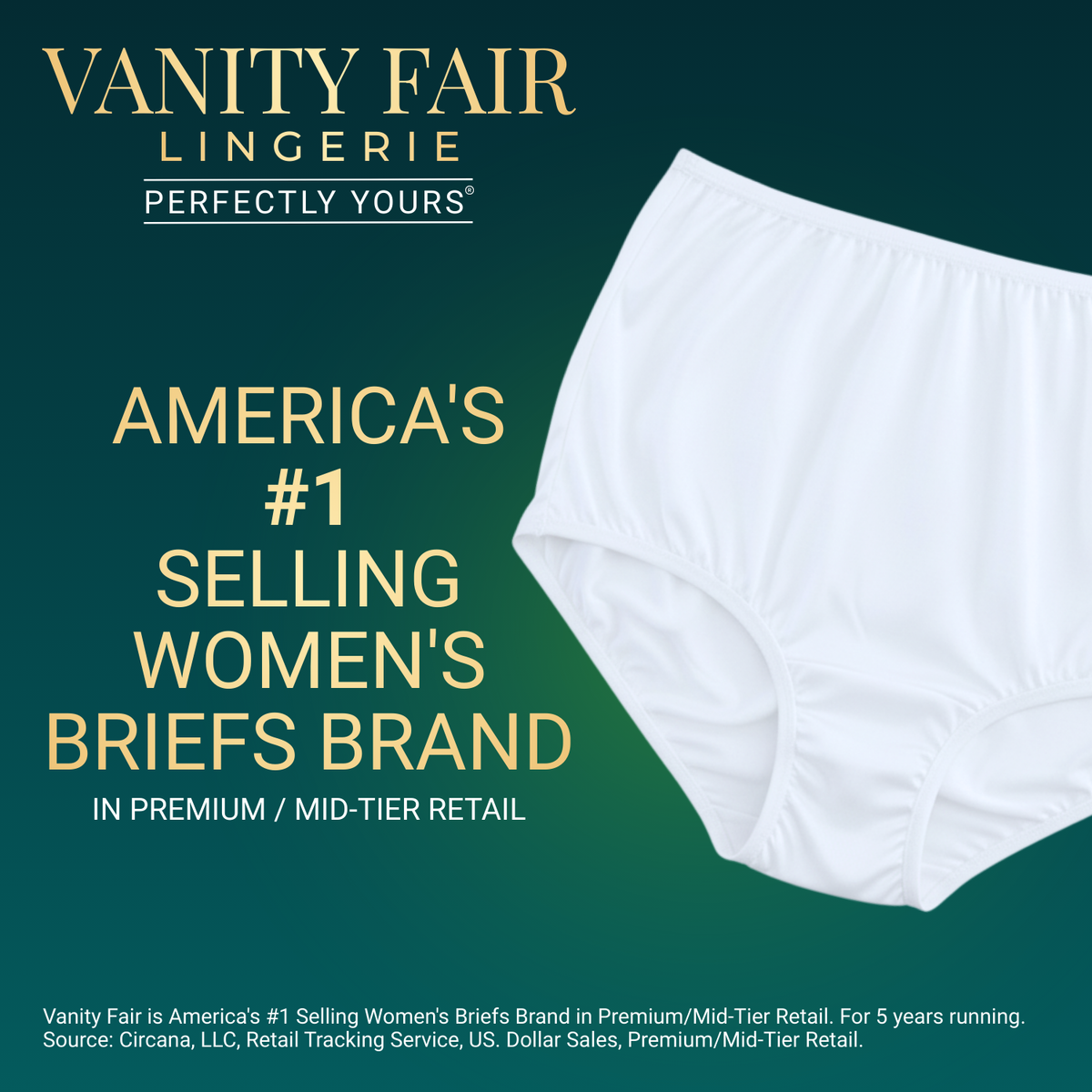Vanity Fair Style 15711 Women's Ravissant Tailored Full Brief Panties promotional image highlighting America's #1 selling women's briefs brand