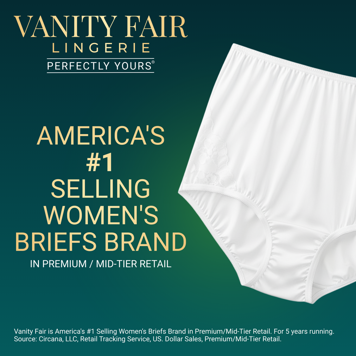 Vanity Fair Style 13001 Women's Lace Nouveau Full Brief Panty promotional image highlighting America's #1 selling women's briefs brand
